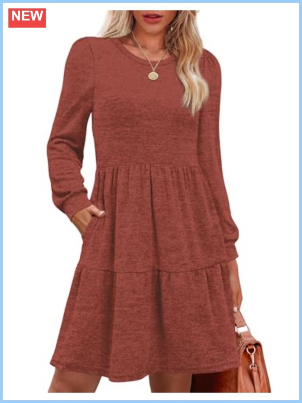 Long Sleeve Sweater Dress Crew Neck Tiered Babydoll Pockets Fall Winter